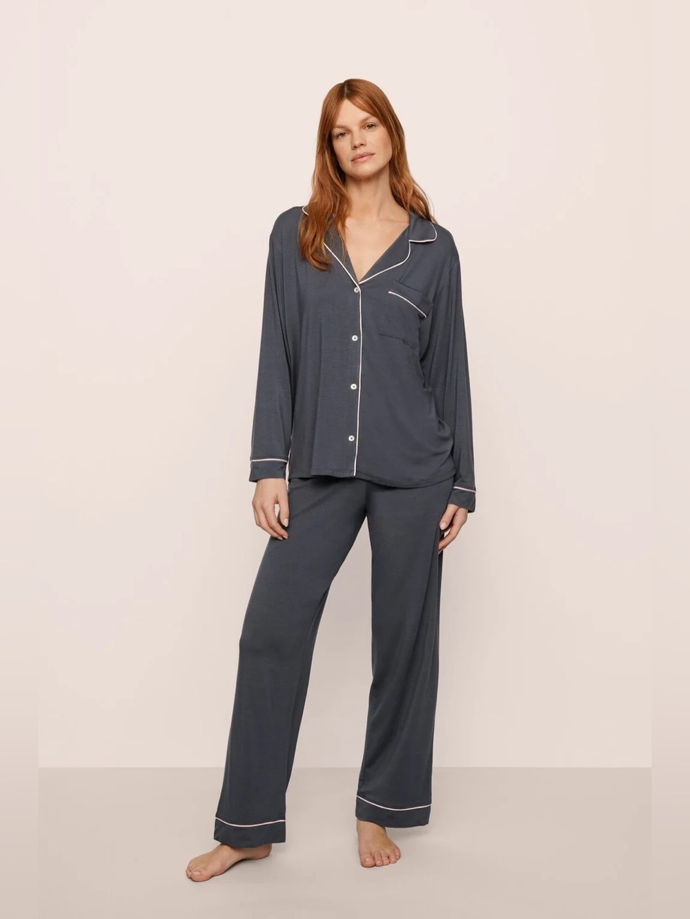 NWT Eberjey Charcoal Gray/White Piped Pajama Set